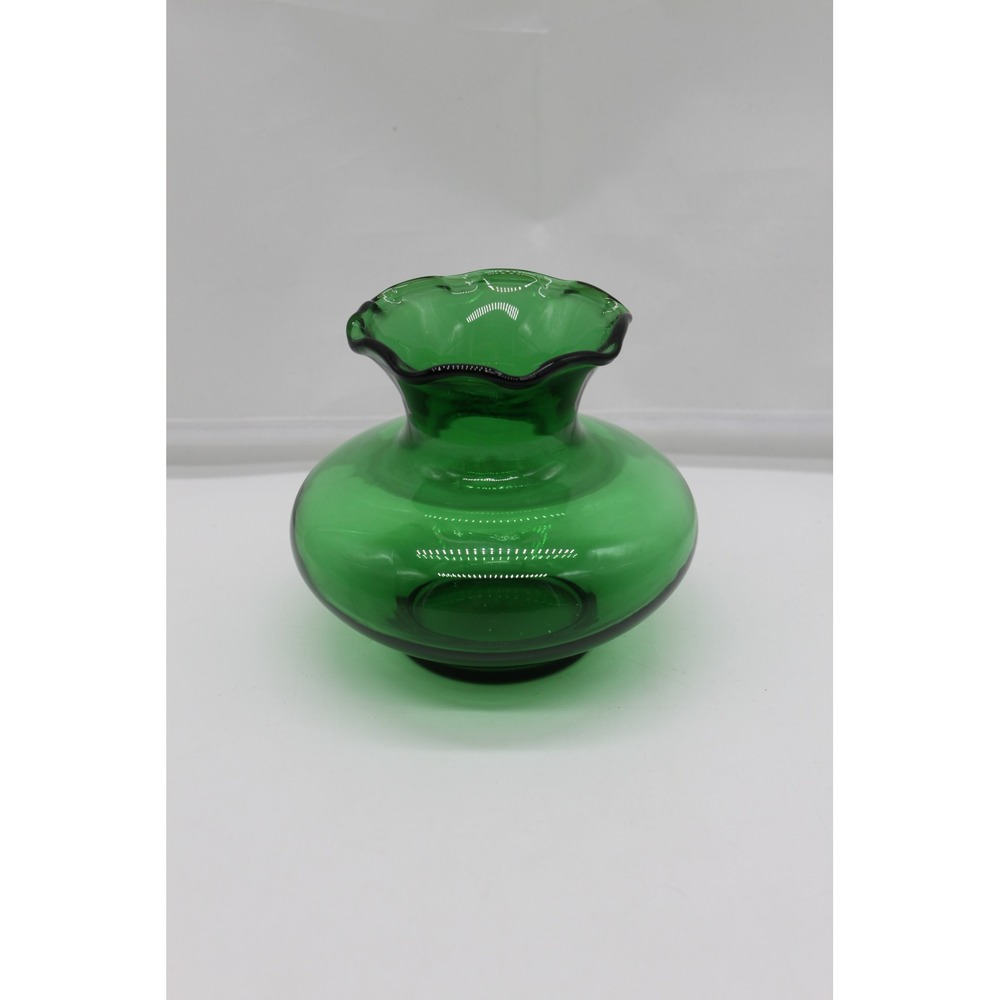 Vtg Collectible MCM Anchor Hocking Forest Green Glass Squat Bud Vase 3.5" H